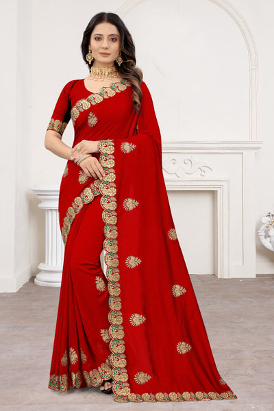 Red Vichitra Silk Zari Work Saree With Blouse