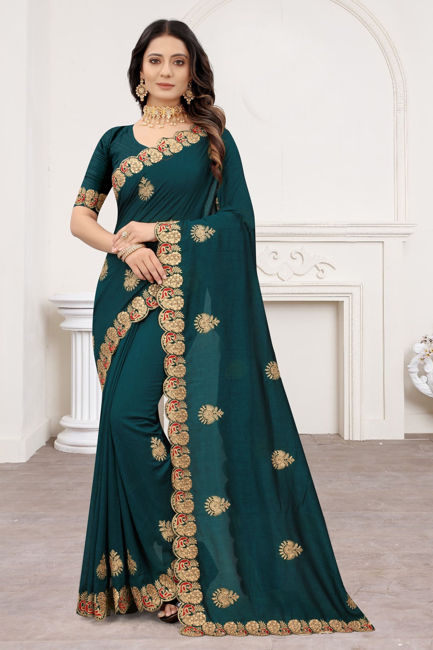 Peacock Blue Vichitra Silk Embroidered Saree With Blouse