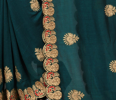 Peacock Blue Vichitra Silk Embroidered Saree With Blouse