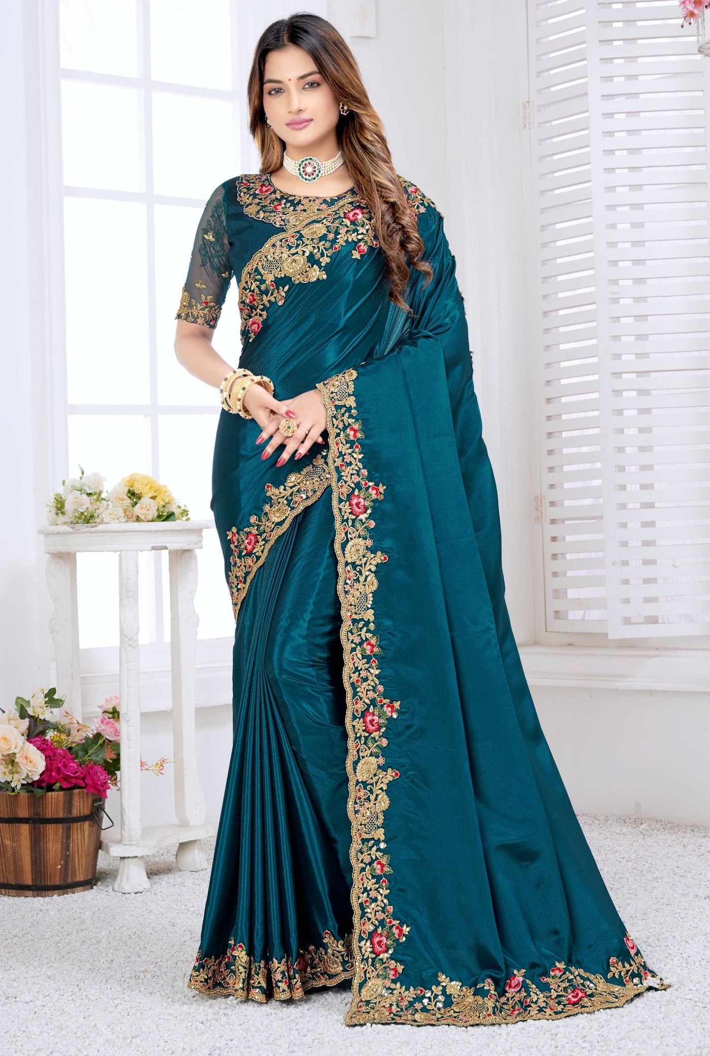 Peacock Blue Art Silk Embroidered Saree With Blouse