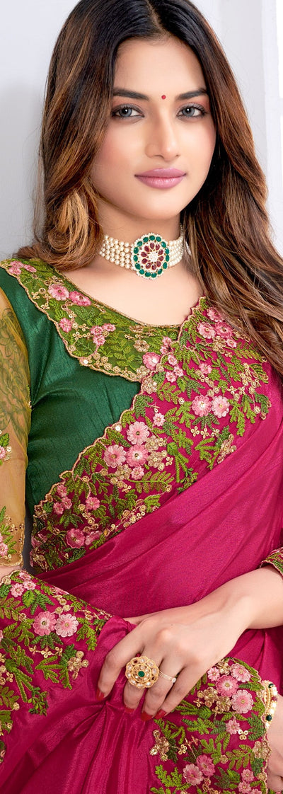 Magenta Art Silk Embroidered Saree With Blouse