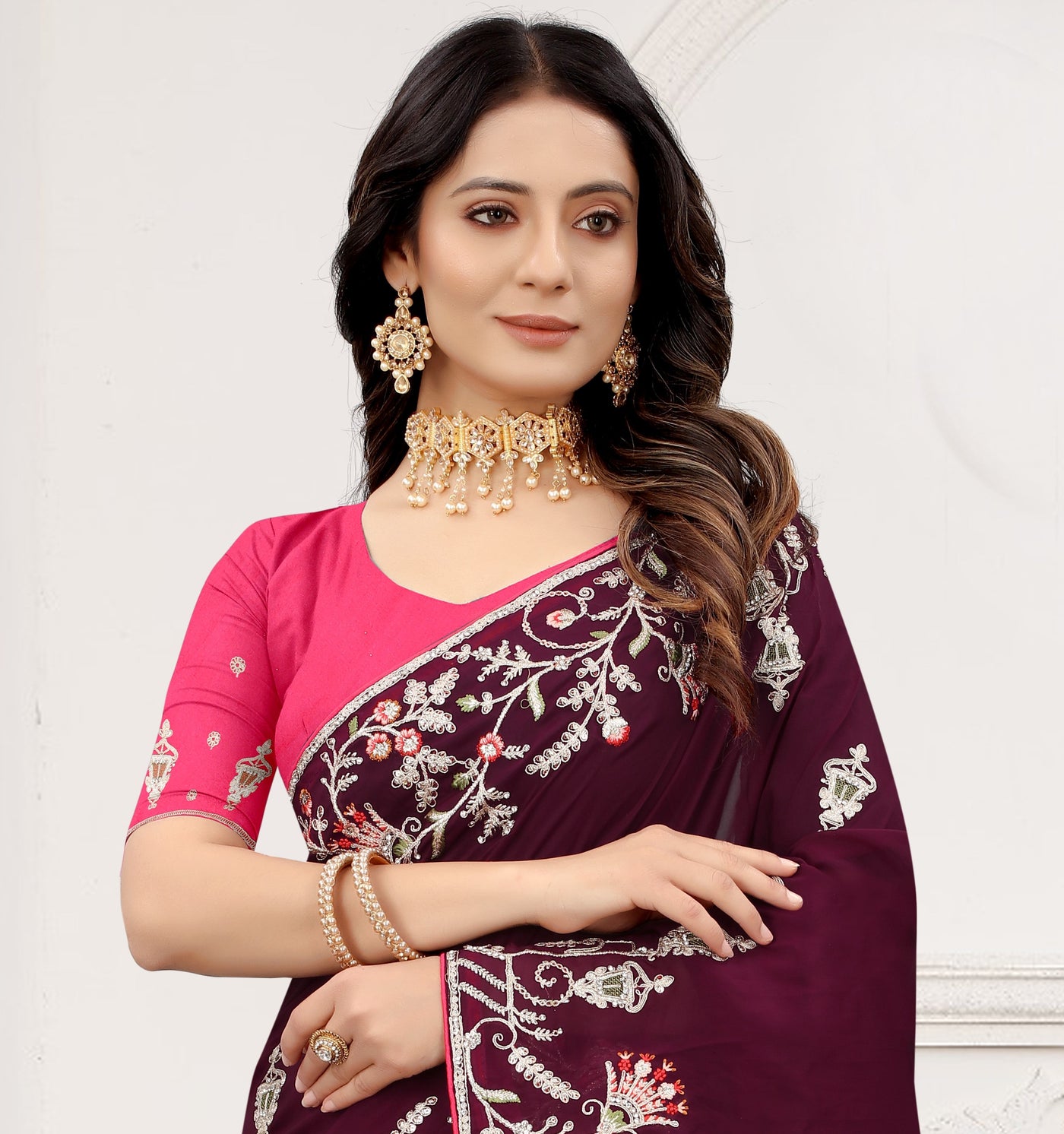 Wine Color Net Embroidered Saree With Blouse