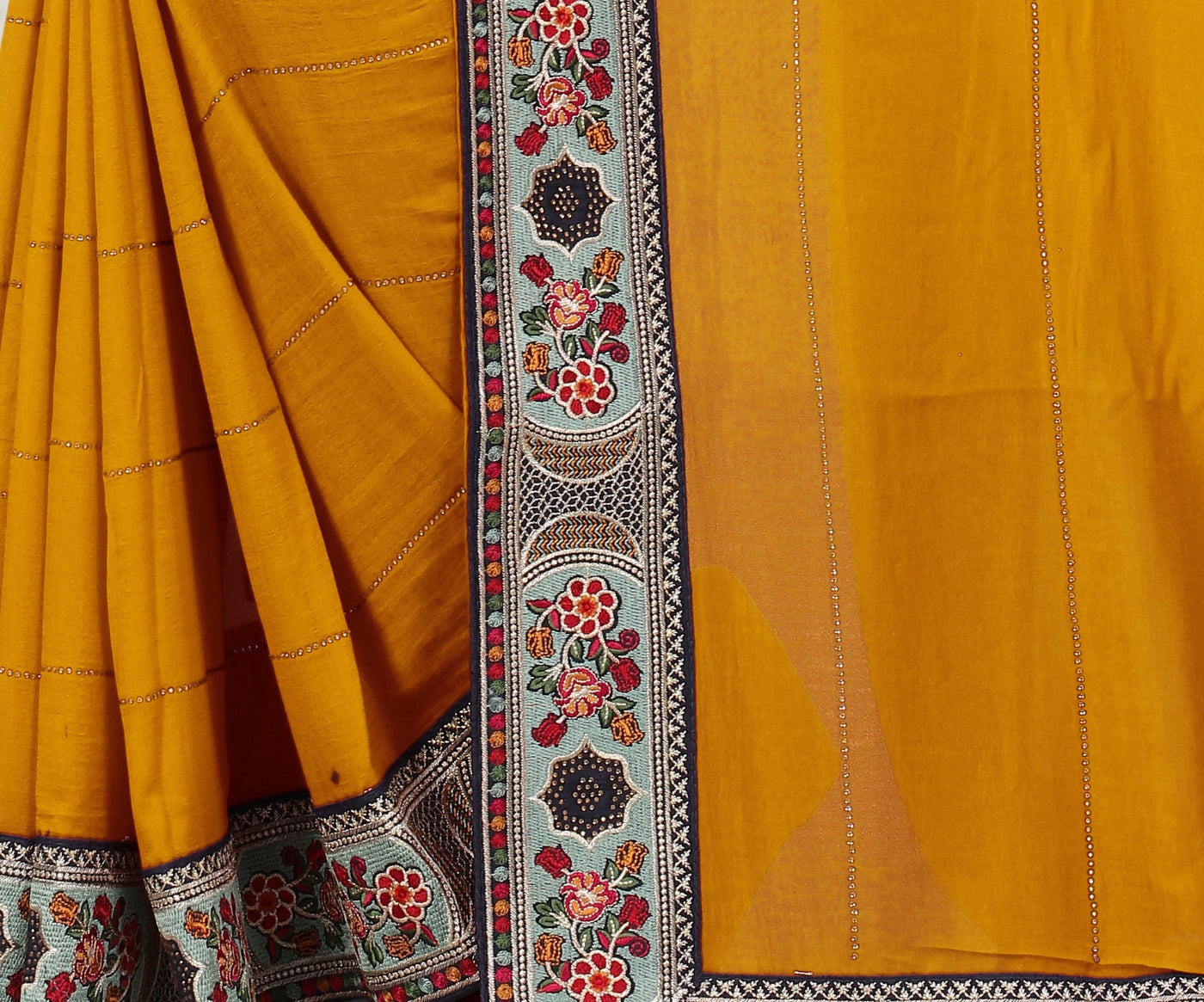 Mustard Vichitra Silk Embroidered Saree With Blouse
