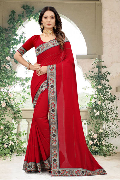 Red Vichitra Silk Embroidered Saree With Blouse