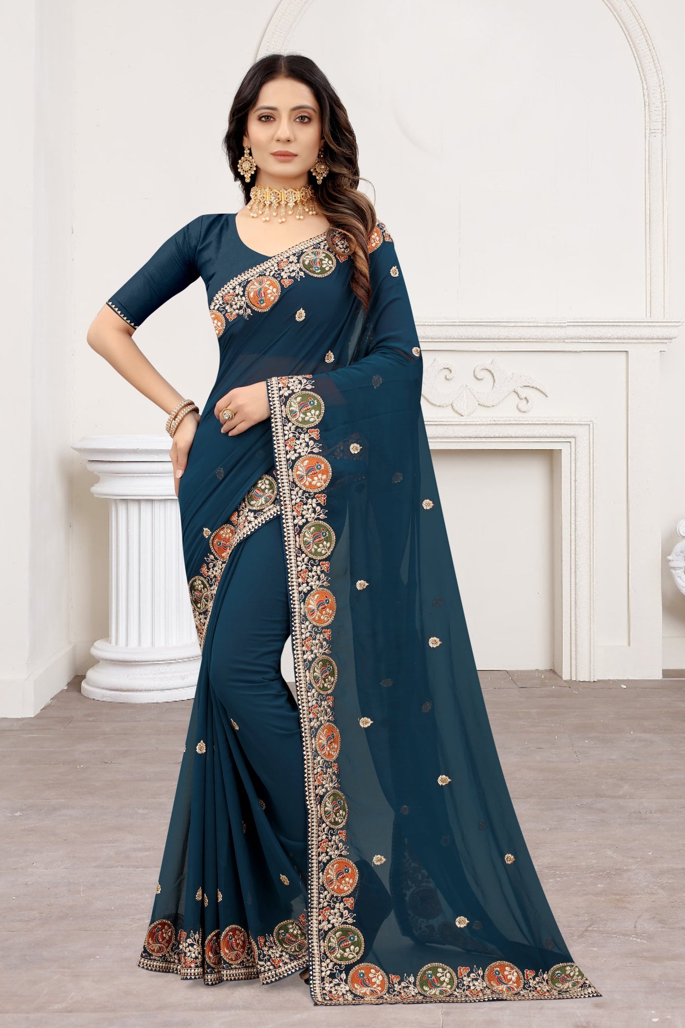 Peacock Blue Georgette Embroidered Saree With Blouse