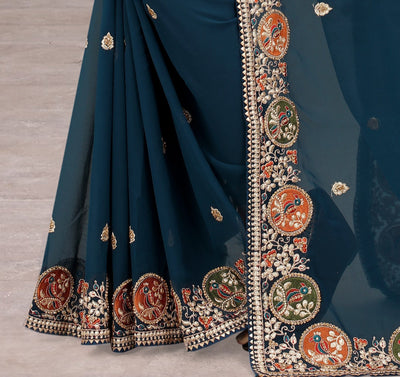 Peacock Blue Georgette Embroidered Saree With Blouse