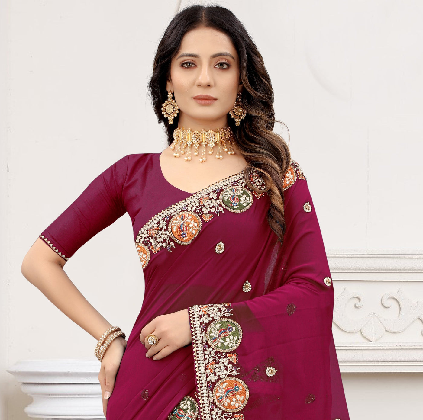 Magenta Georgette Embroidered Saree With Blouse