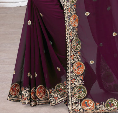 Wine Color Georgette Embroidered Saree With Blouse
