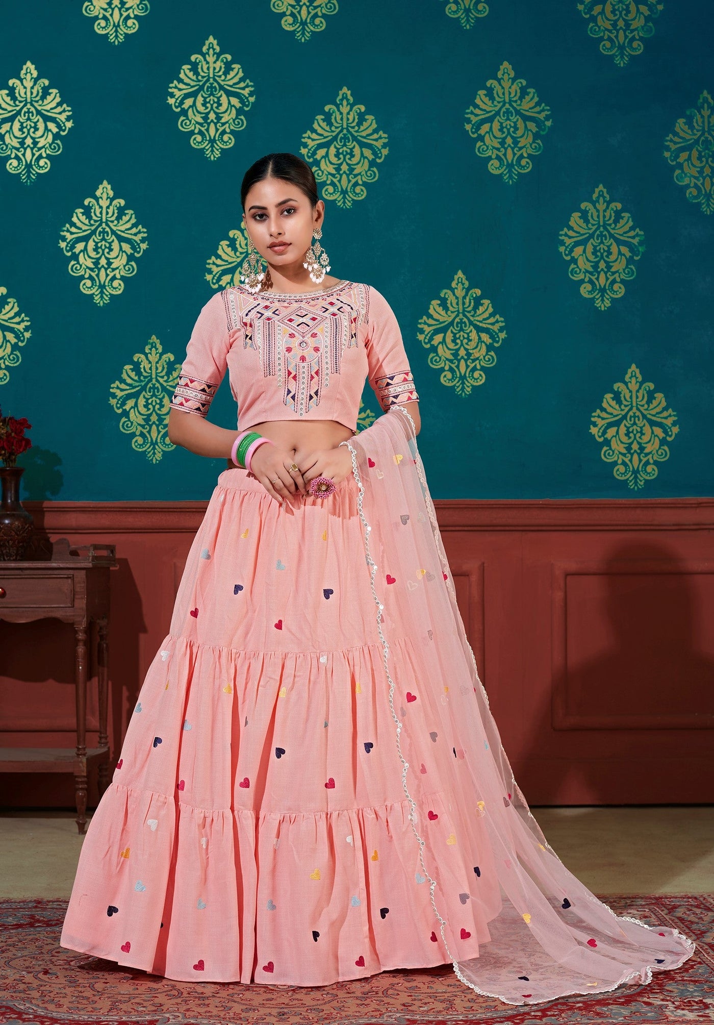 Embroidered cotton Lehenga In Pink