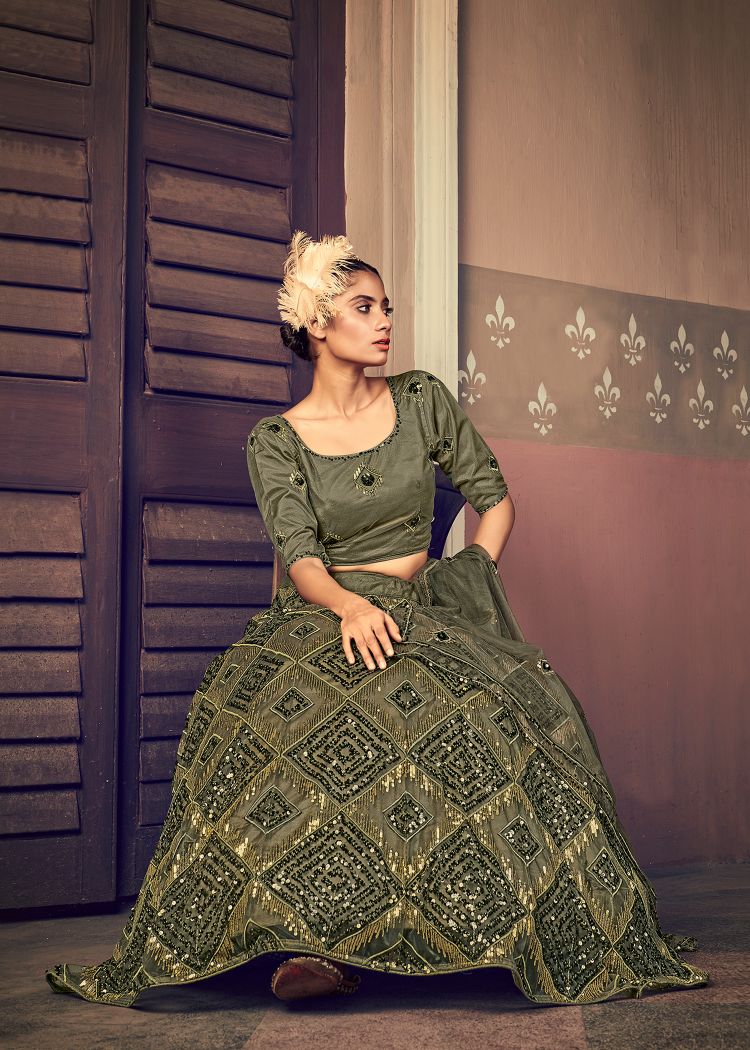 Embroidered NET Lehenga In Olive Green