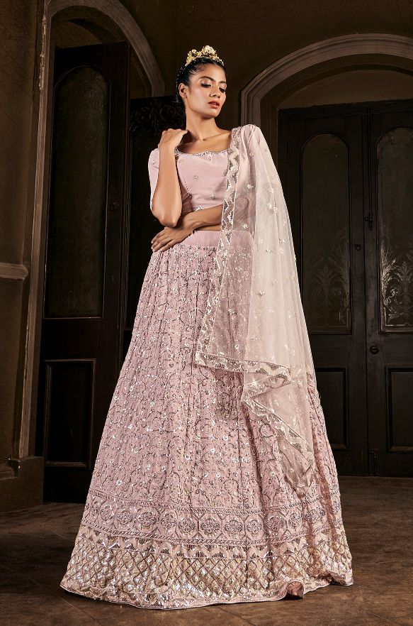 Embroidered Georgette Lehenga In Dusty Pink