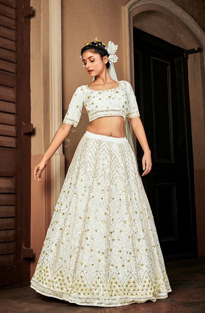 Embroidered Georgette Lehenga In Pearl White