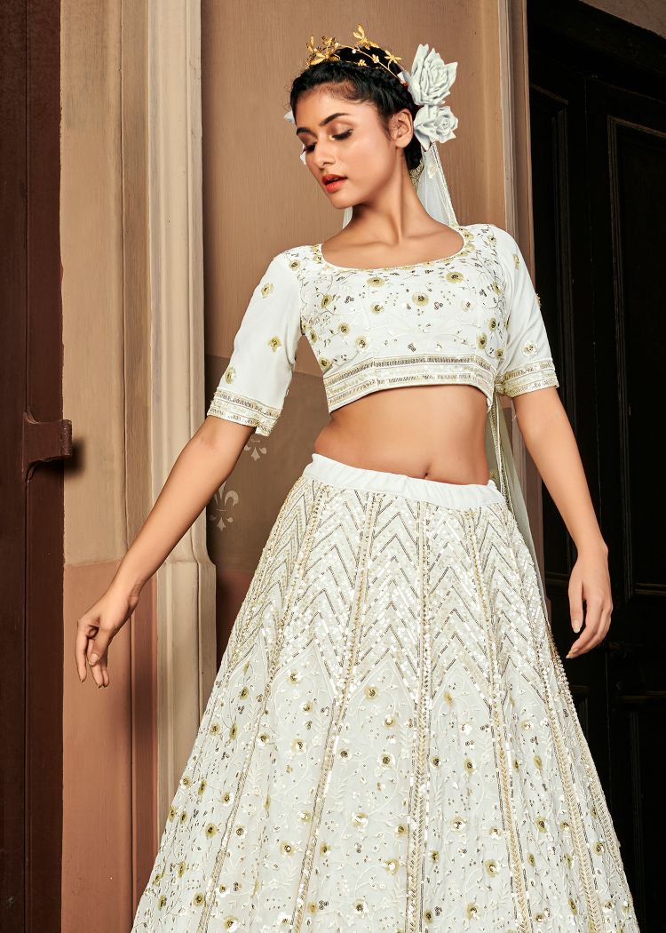 Embroidered Georgette Lehenga In Pearl White