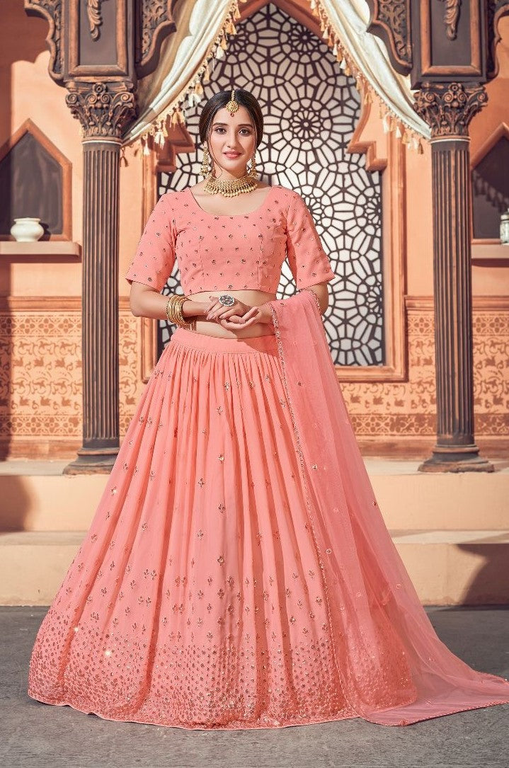 Embroidered Georgette Lehenga In Peach