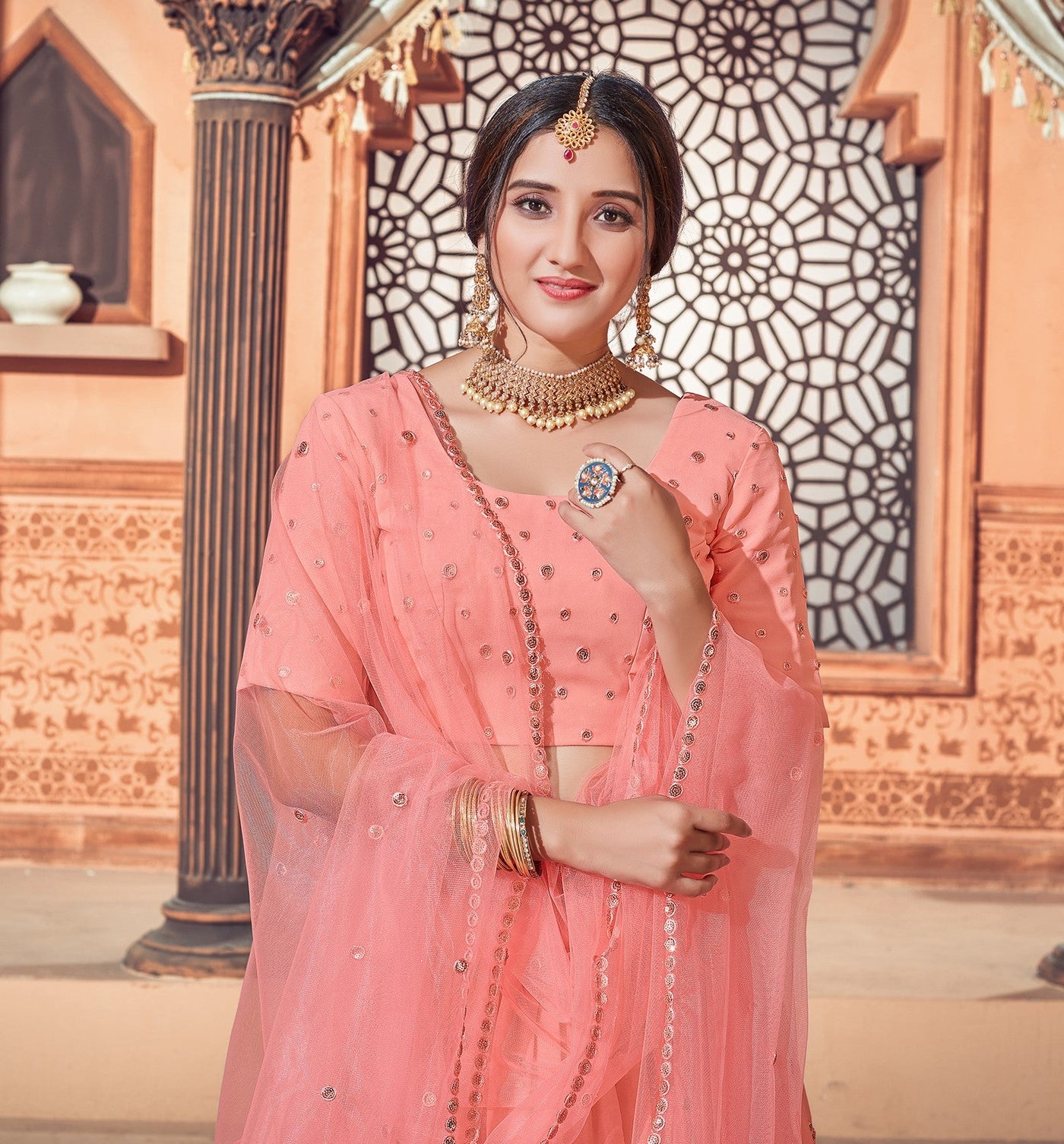 Embroidered Georgette Lehenga In Peach