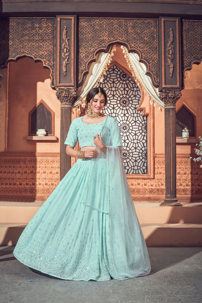 Embroidered Georgette Lehenga In Sky Blue