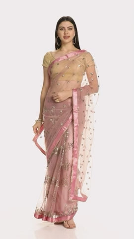 Net Embellished Brown Saree
