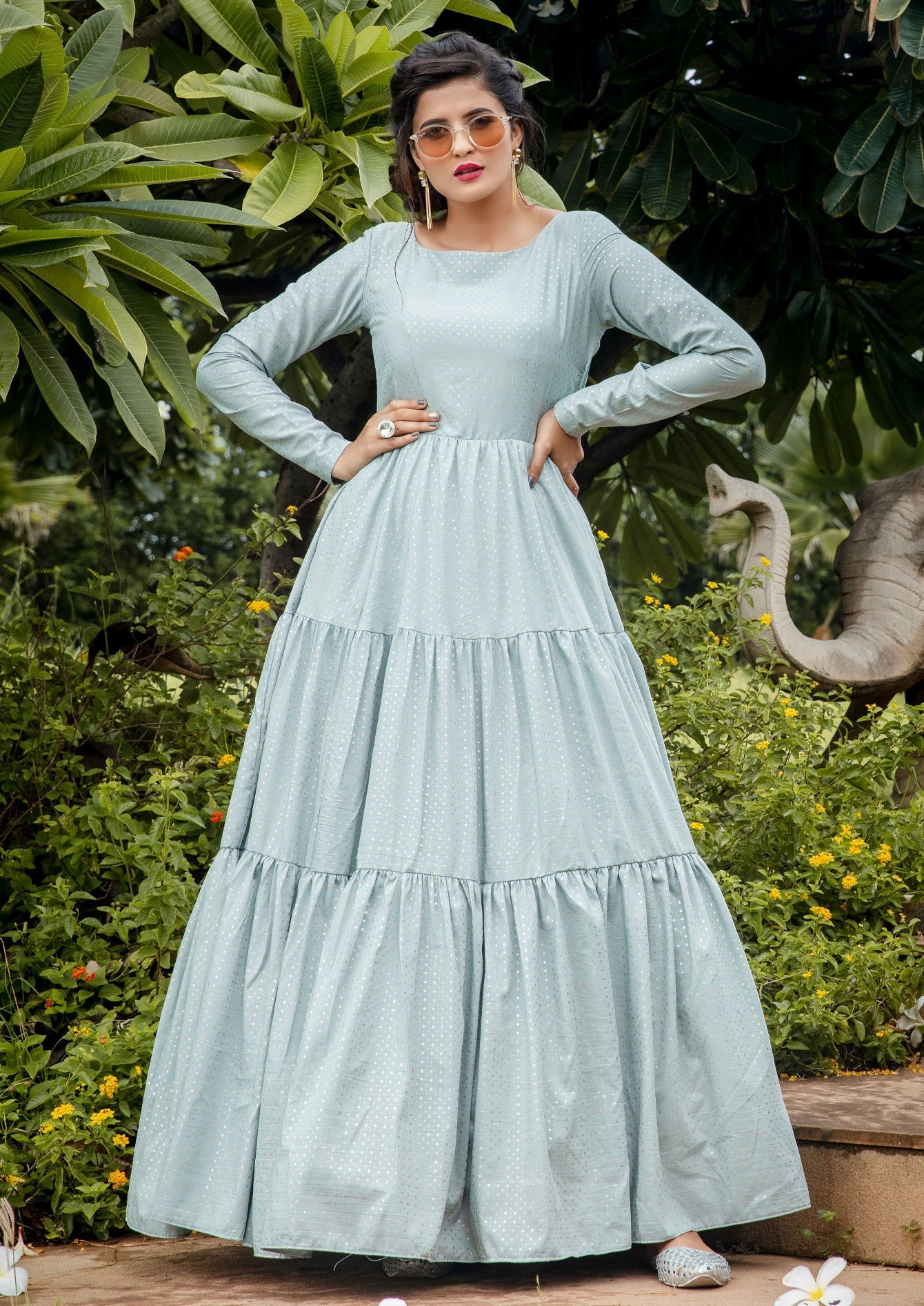 Embroidered Georgette Anarkali Long Gown In Grey