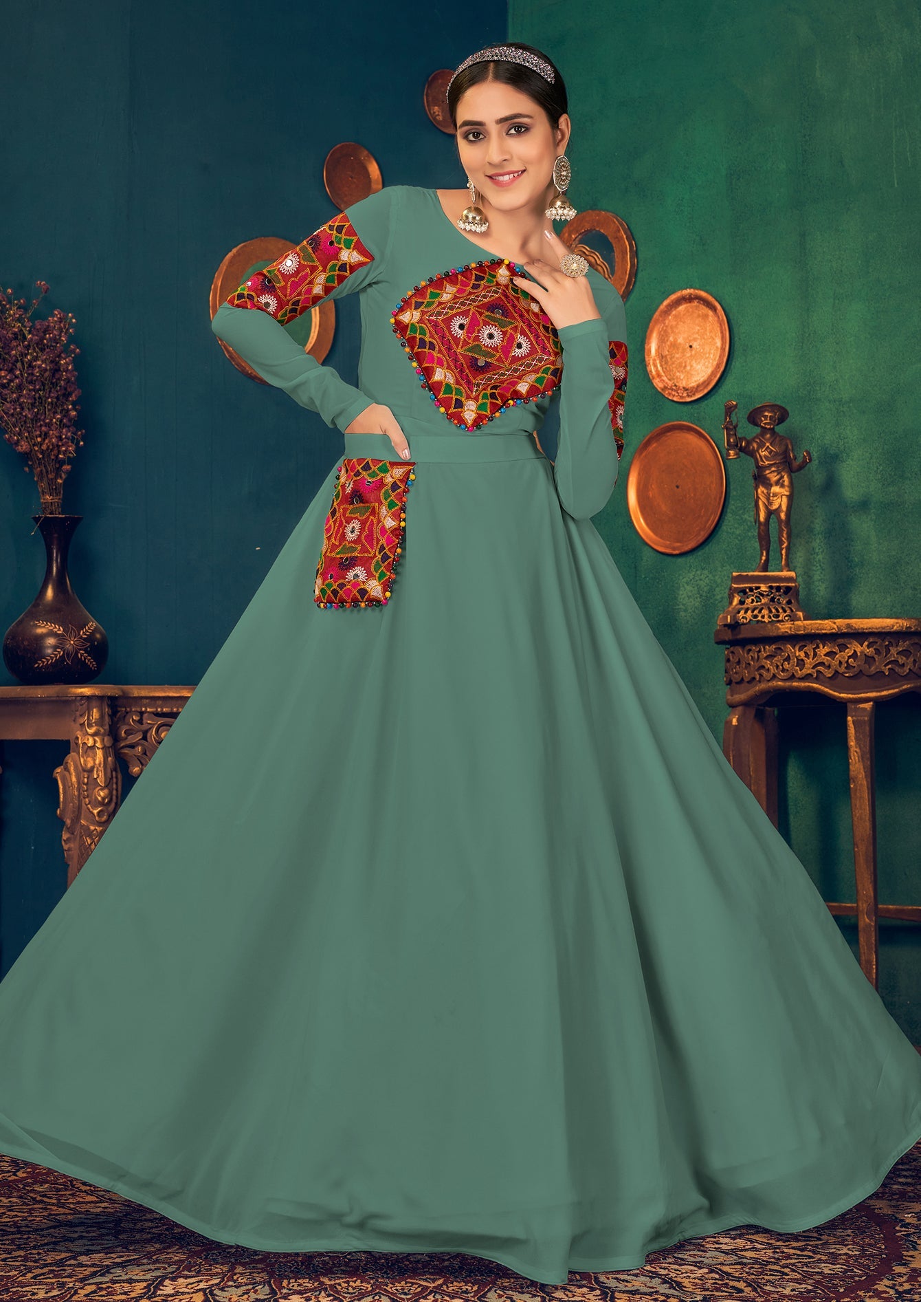 Embroidered Georgette Anarkali Long Gown In Pista Green