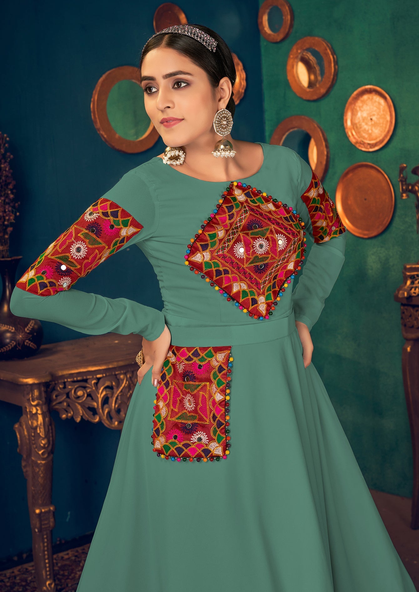 Embroidered Georgette Anarkali Long Gown In Pista Green