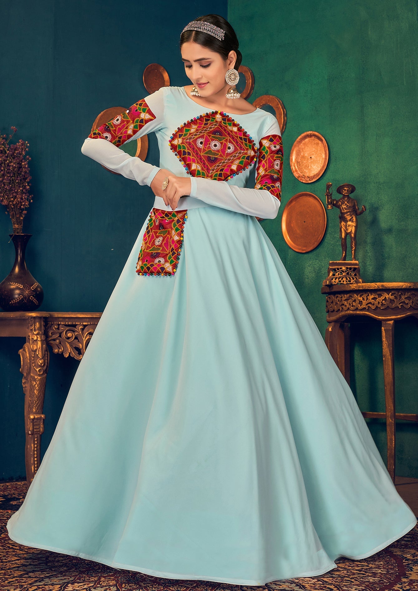 Embroidered Georgette Anarkali Long Gown In Sky