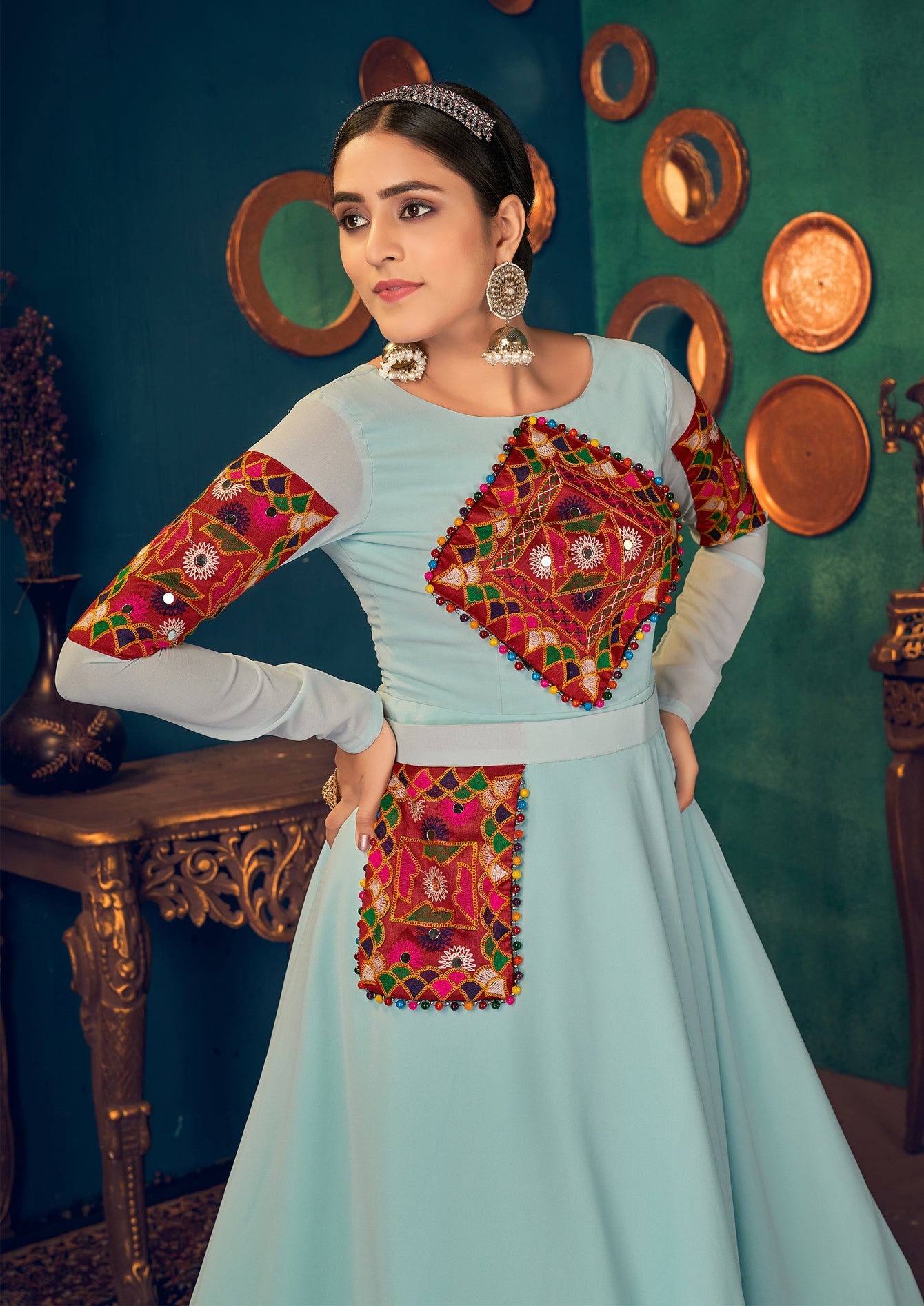 Embroidered Georgette Anarkali Long Gown In Sky