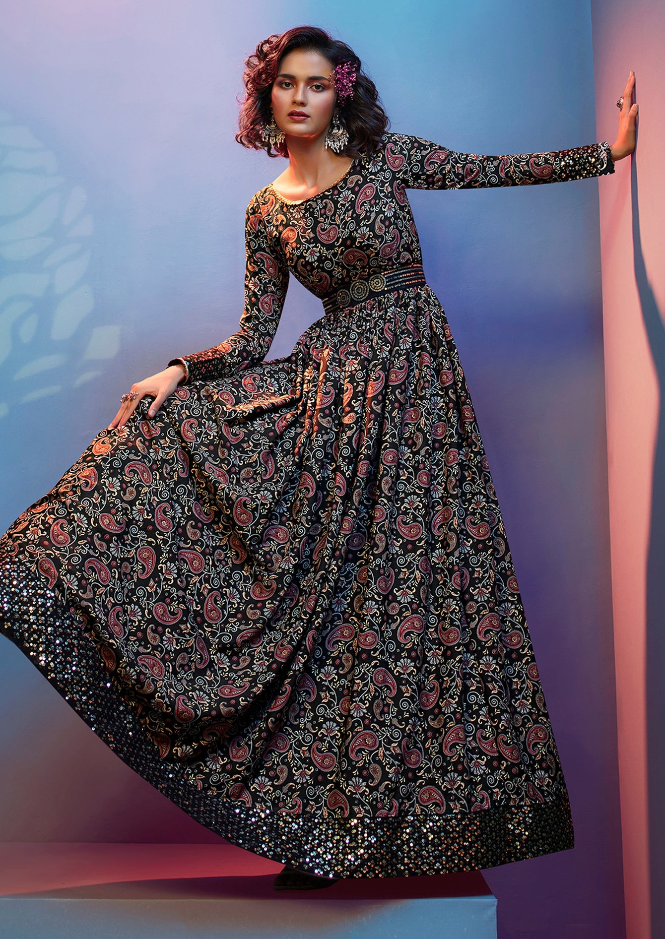 Embroidered Natural Crepe Anarkali Long Gown In Black