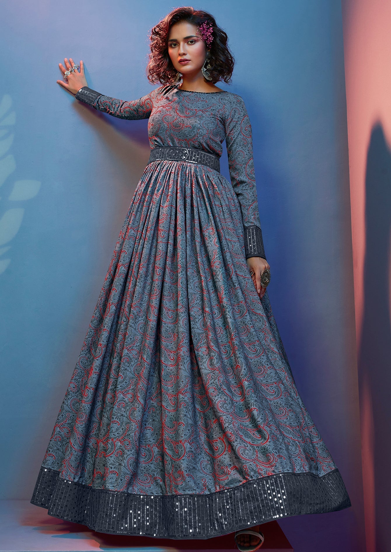 Embroidered Natural Crepe Anarkali Long Gown In Grey
