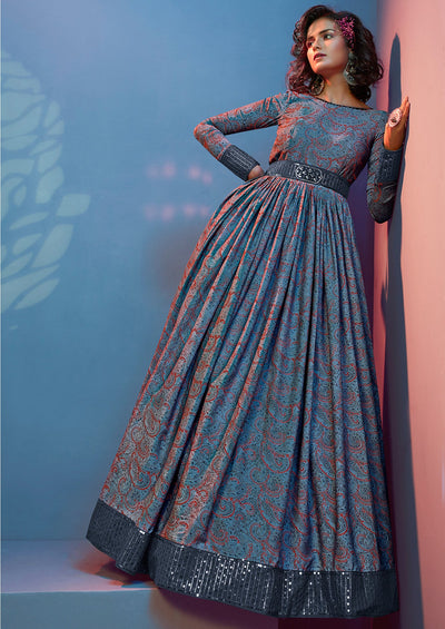 Embroidered Natural Crepe Anarkali Long Gown In Grey