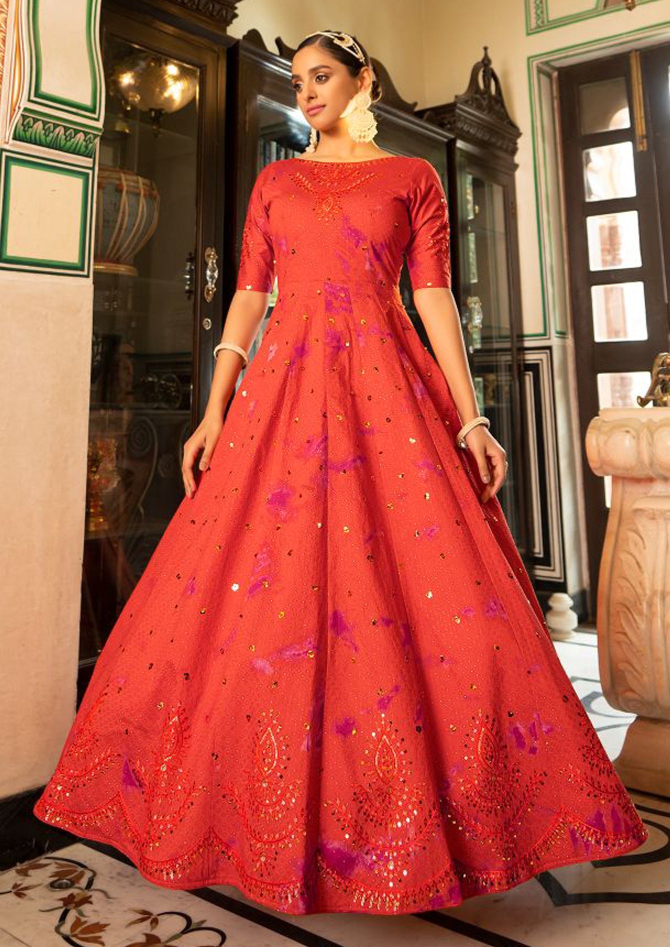 Embroidered Cotton Anarkali Long Gown In Orange