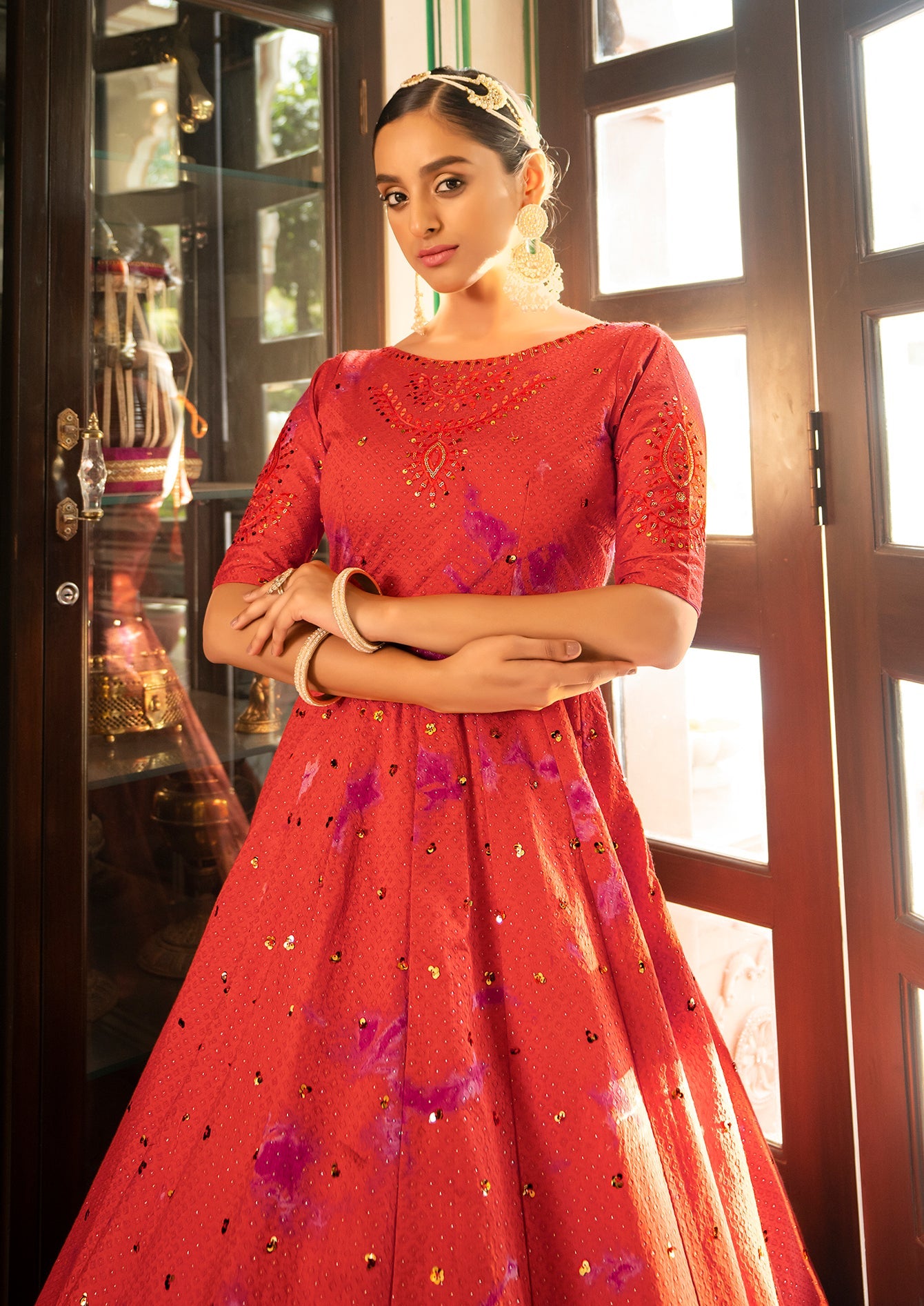 Embroidered Cotton Anarkali Long Gown In Orange
