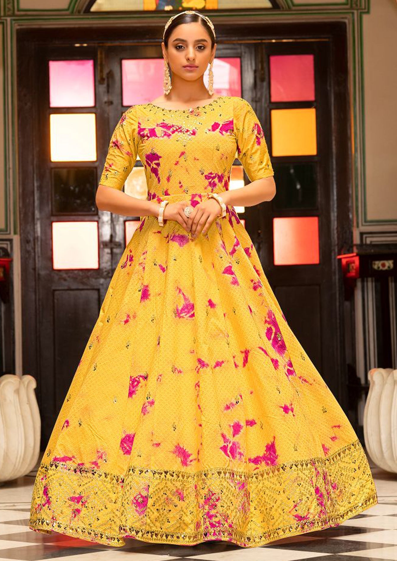 Embroidered Cotton Anarkali Long Gown In Yellow