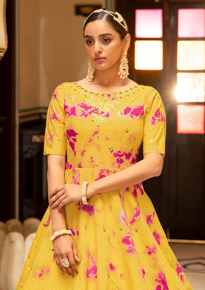 Embroidered Cotton Anarkali Long Gown In Yellow