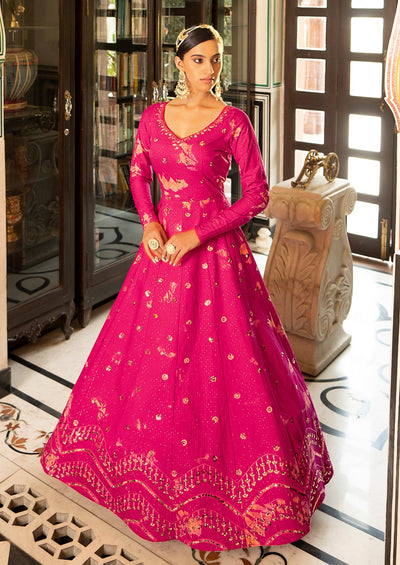 Embroidered Cotton Anarkali Long Gown In Rani