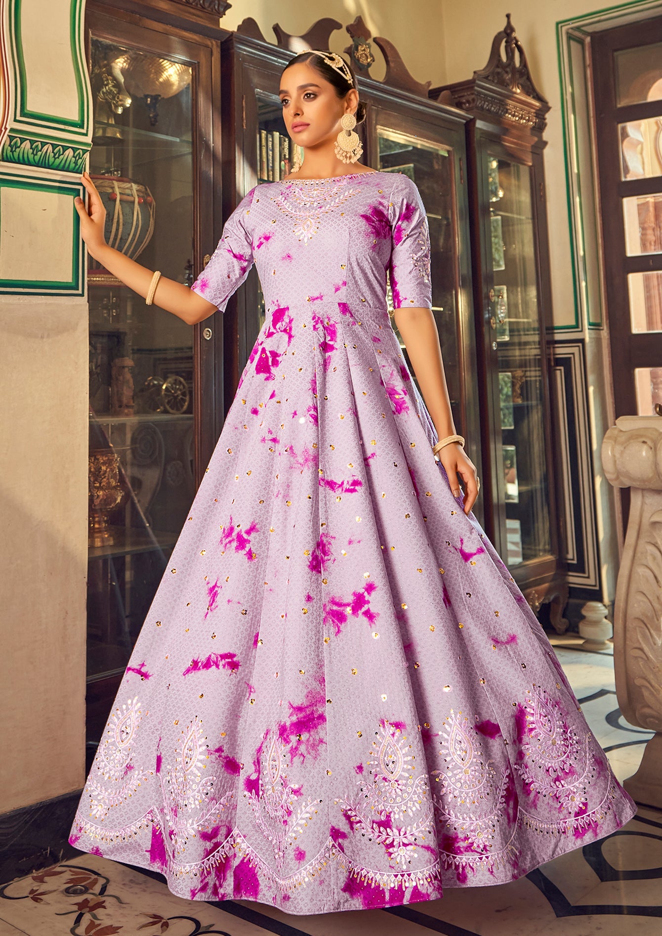 Embroidered Cotton Anarkali Long Gown In Purple