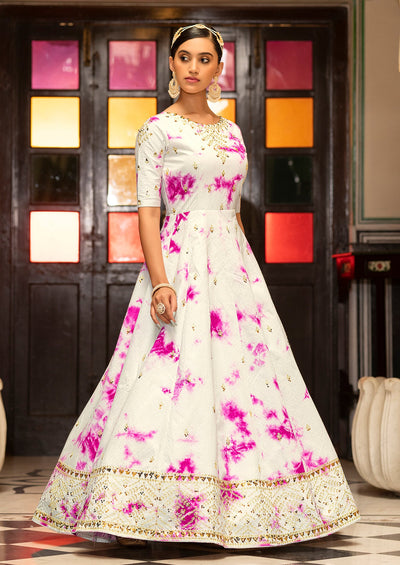 Embroidered Cotton Anarkali Long Gown In White