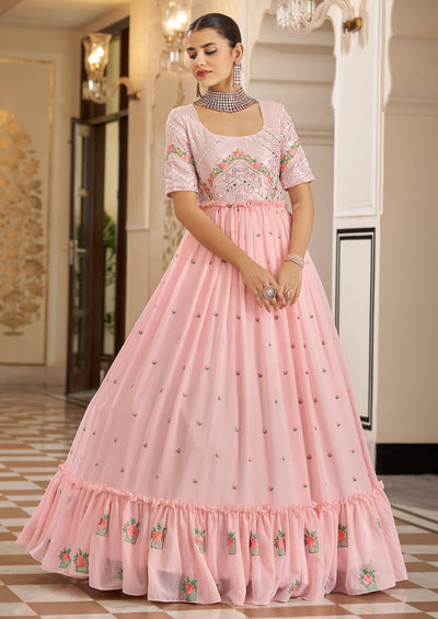 Embroidered Georgette Anarkali Long Gown In Pink