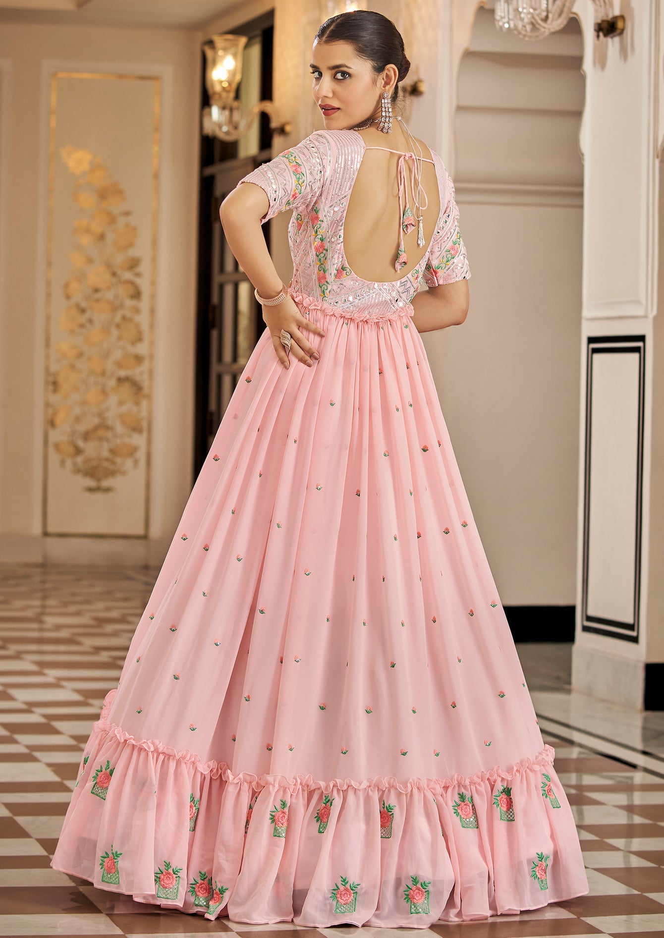 Embroidered Georgette Anarkali Long Gown In Pink