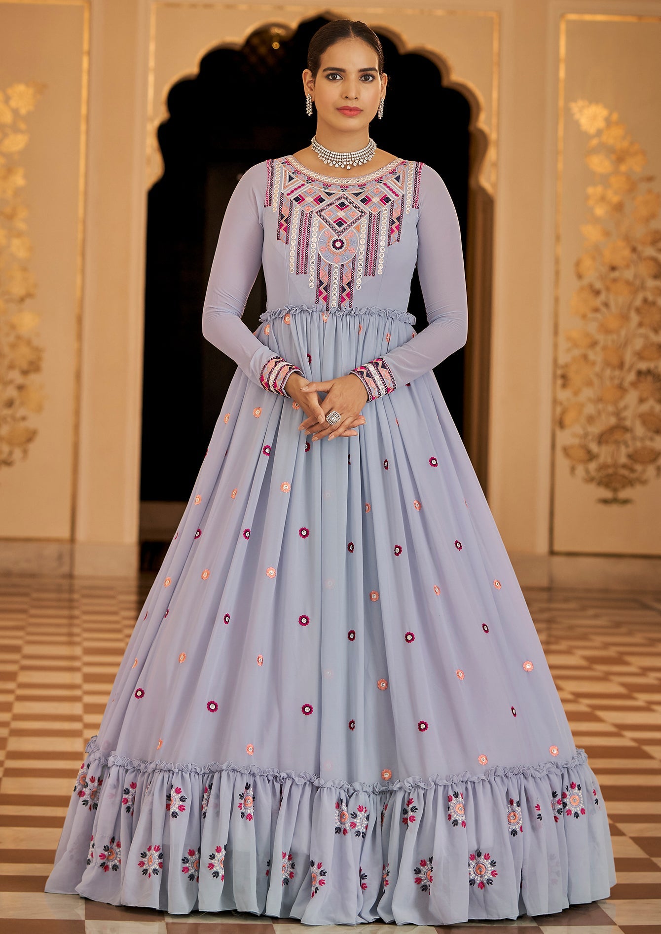 Embroidered Georgette Anarkali Long Gown In Light Blue