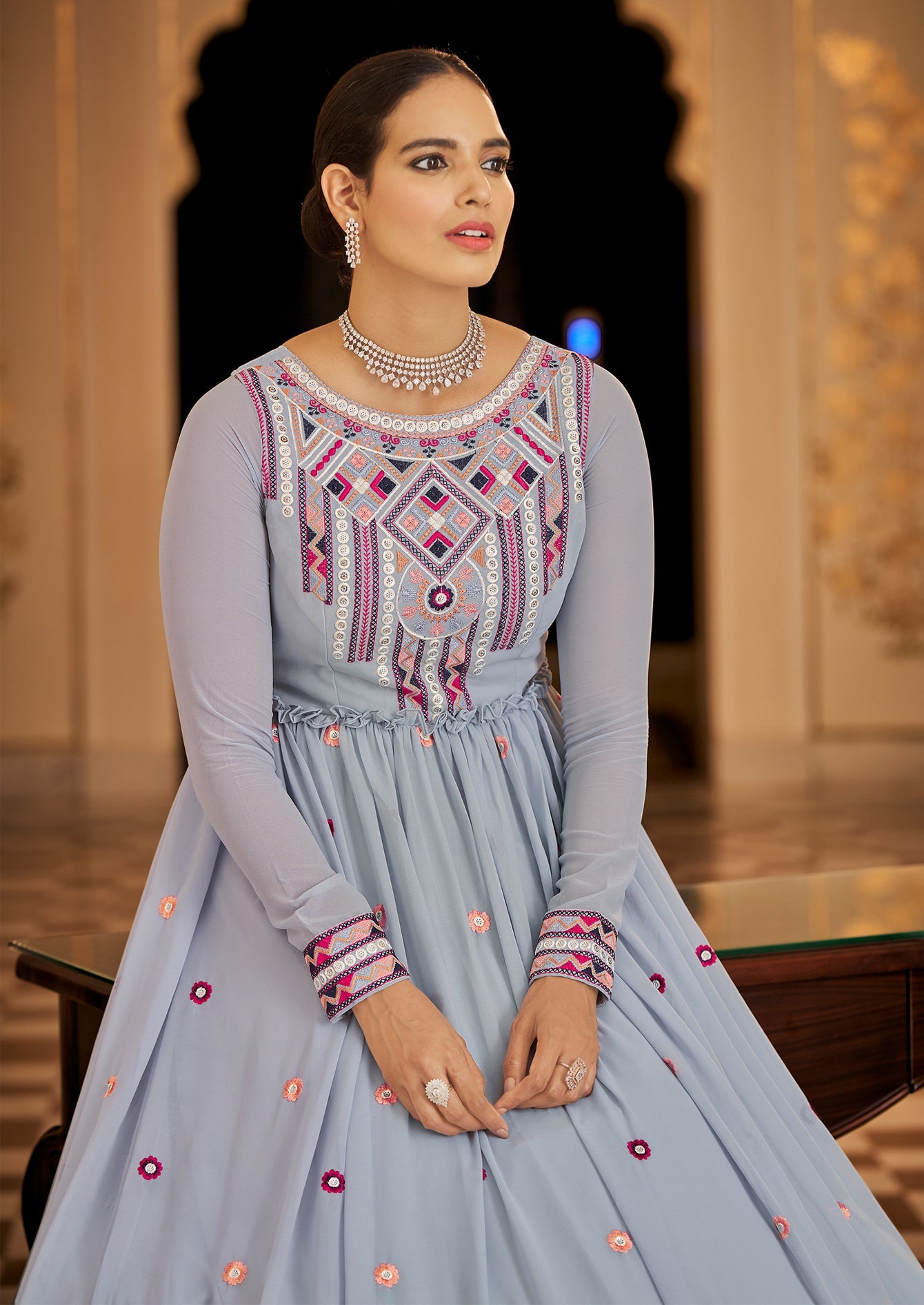 Embroidered Georgette Anarkali Long Gown In Light Blue