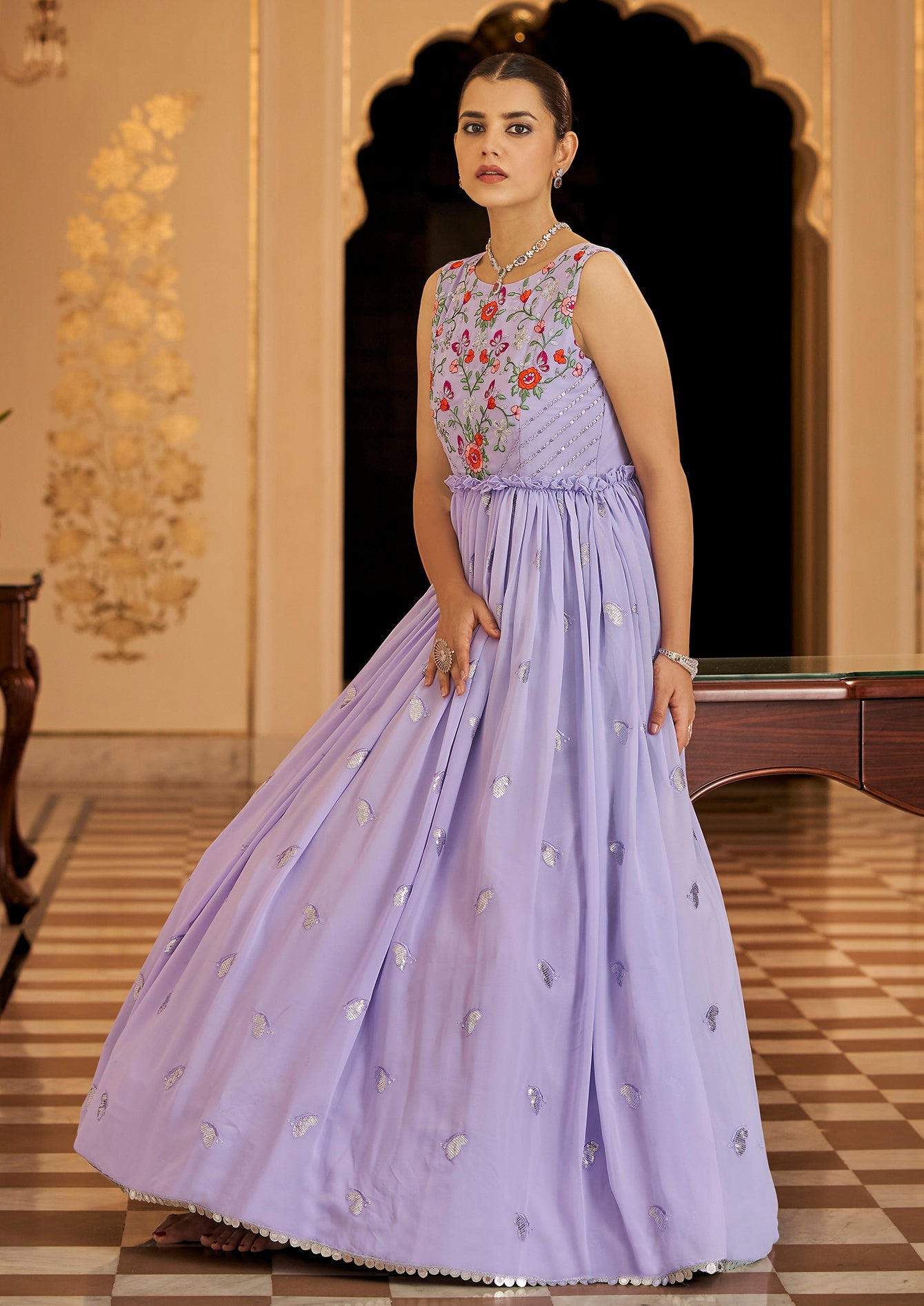 Embroidered Georgette Anarkali Long Gown In Lavender