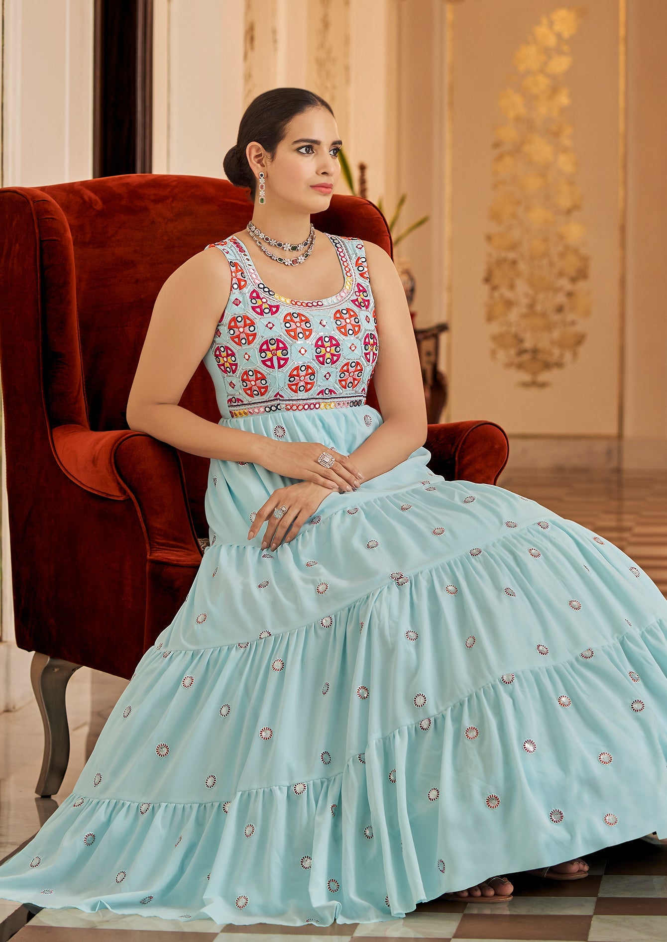 Embroidered Georgette Anarkali Long Gown In Sky Blue