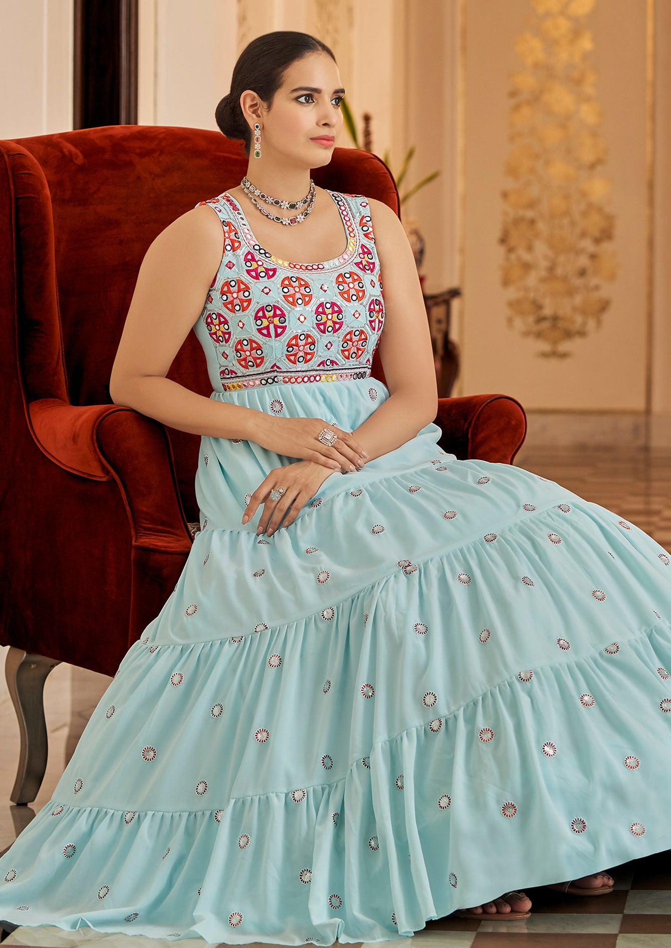 Embroidered Georgette Anarkali Long Gown In Sky Blue
