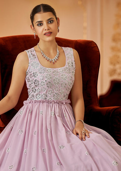 Embroidered Georgette Anarkali Long Gown In Dusty Pink