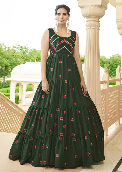 Embroidered Georgette Anarkali Long Gown In Green