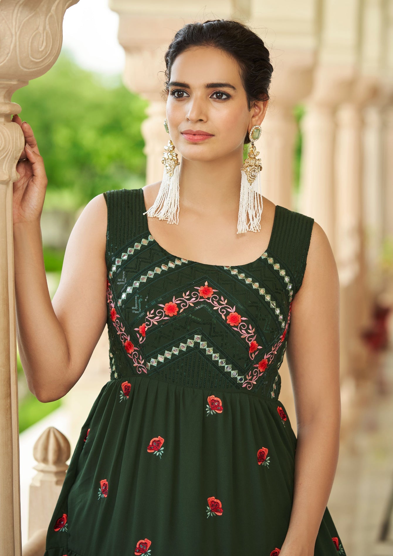 Embroidered Georgette Anarkali Long Gown In Green
