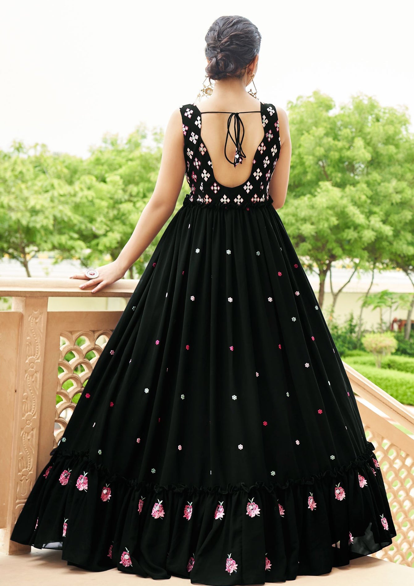 Embroidered Georgette Anarkali Long Gown In Black