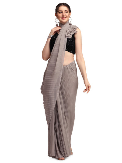 Poly Georgette Solid Brown Saree
