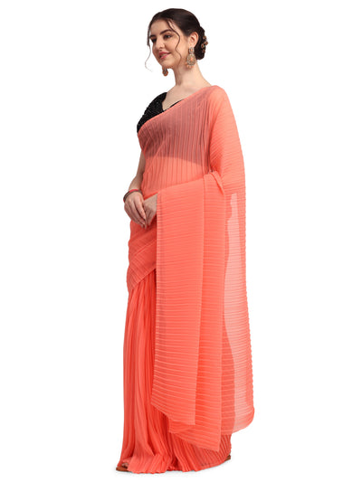 Poly Georgette Solid Peach Saree