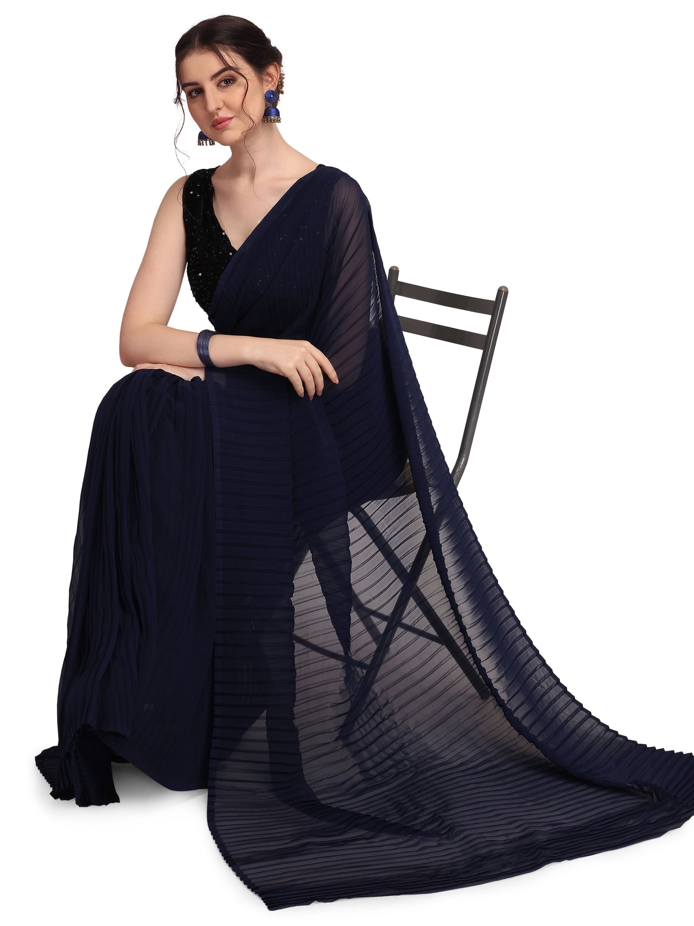 Poly Georgette Solid Navy Blue Saree